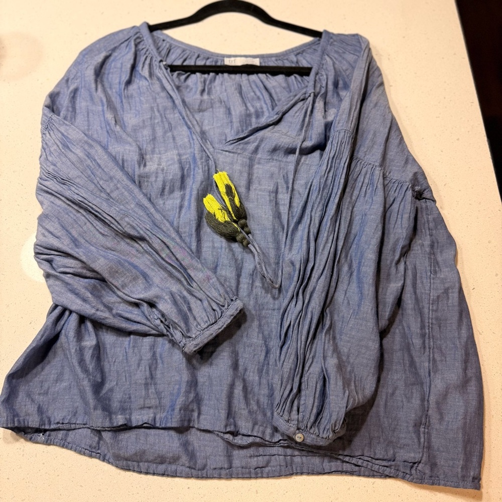 Zara Denim Blue V-Neck Blouse